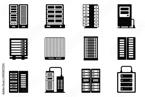 Server room equipment icons set various computer hardware symbols data center elements