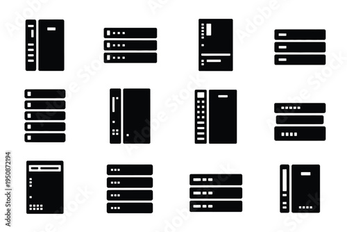 Black server icons set with white accents on clean background for tech designs