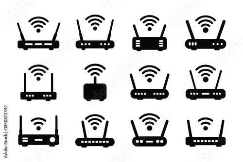 Various wi fi router icons with signal symbols on white background