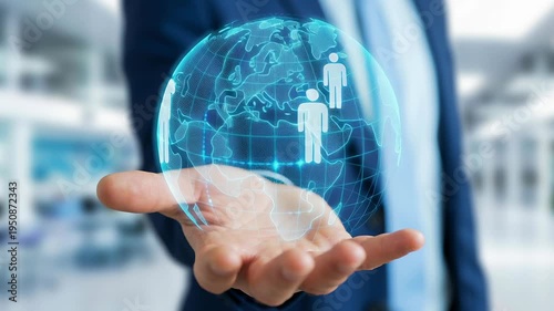 Digital AI career transition automation impacts human employees workforce business globe holographic icons representing global workforce and career changes in business setting