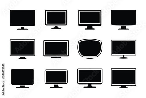 Black computer monitor icons set on white background for design
