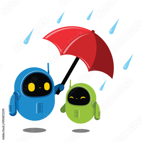 Two Robots and Red Umbrella