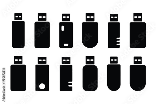 Black usb flash drive icons set on white background for data storage and technology concepts