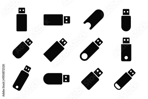 Black usb flash drive icons set in various orientations on white background for data storage