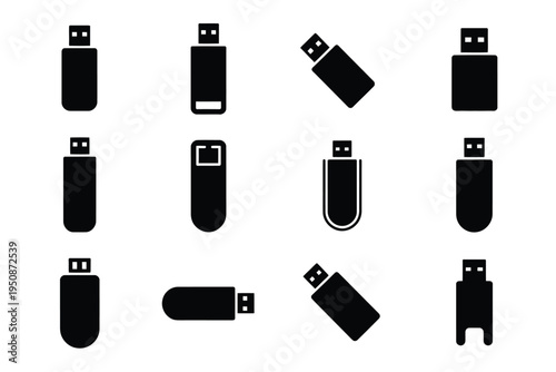 Black usb flash drives icons set on white background various angles and shapes