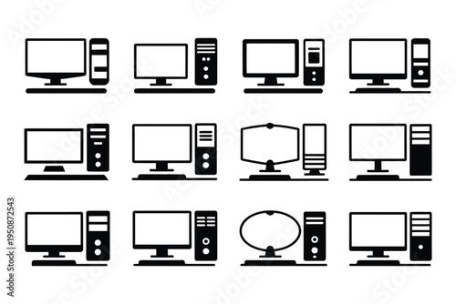 Computer hardware icons set with monitors and towers in black