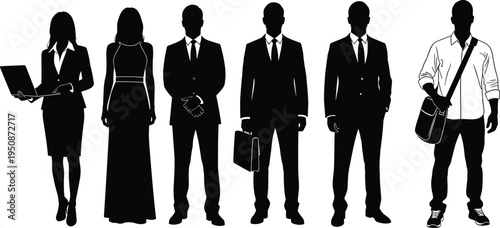 Set of professional business people silhouettes including businessman in suit and businesswoman with laptop isolated on white background for corporate office design