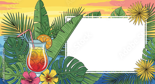 Cocktail Drink with Tropical Leaves and Flowers.