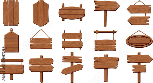 Wooden signboards collection with rustic wood planks hanging boards arrows and blank wooden signs vector illustration