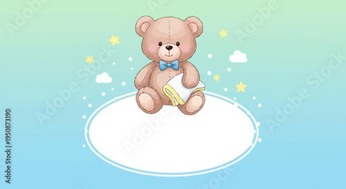 Cute Cartoon Teddy Bear Sitting Alone.