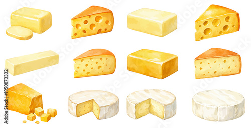A beautiful collection of watercolor cheese varieties, featuring wedges, blocks, and wheels of Swiss, cheddar, and brie cheese in different shapes, isolated on a transparent background.