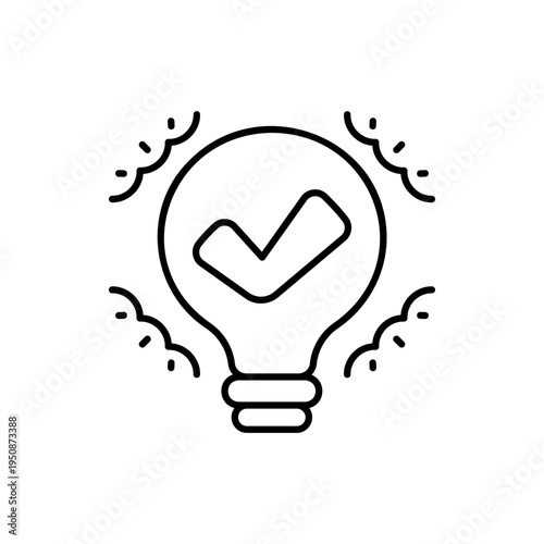 Light bulb icon with glowing filament shaped like a check mark in line art