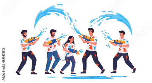 Illustration of a group of young adults playfully celebrating Holi with vibrant color splashes and water guns in a lively, traditional Indian festival scene with a cultural and joyful