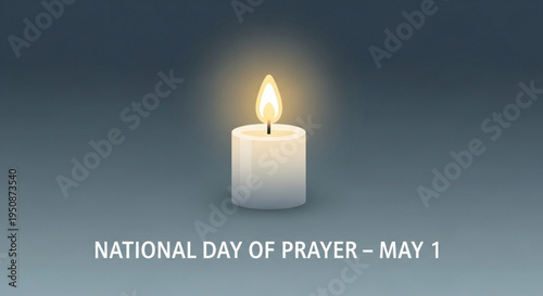 Lit white candle on dark blue background for national day of prayer on may 1st symbolizing hope and reflection