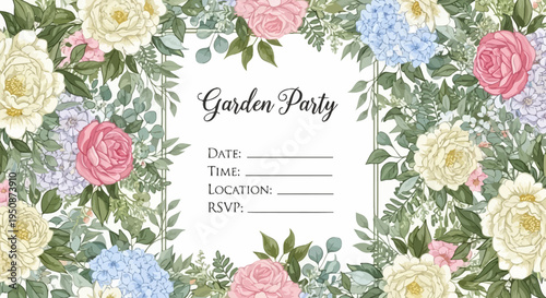 Floral Garden Party Invitation Card Design.
