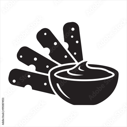 Black silhouette of cheese sticks dipping into a creamy sauce bowl