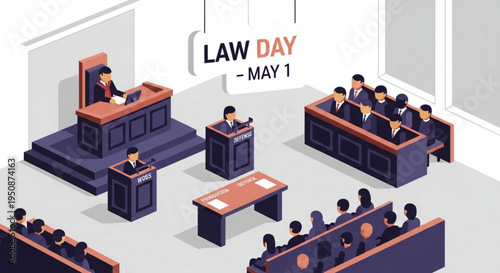 Isometric illustration of a courtroom interior with judge lawyers and jury on law day may 1st with formal attire and legal proceedings