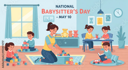 Babysitter playing with kids in a colorful nursery on national babysitter's day may 10