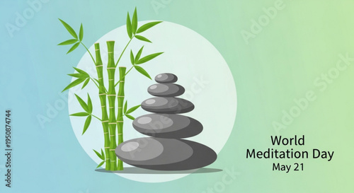 World meditation day illustration with stacked stones and bamboo on calming gradient background