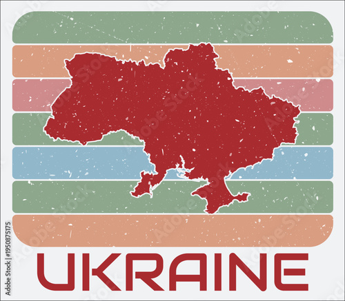Ukraine vintage logo. Shape of the country on retro colored stripes background. Ukraine map design with grunge scratch texture. Vector illustration.