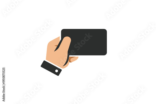Hand holding a blank black card icon vector illustration isolated on white background. Simple flat design for business card, credit card, ID card, membership, or payment concept for commerce.