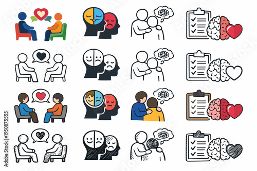 Mental Health and Counselling Icon Set in Multiple Styles including Flat, Line, and Sketch. Icons for Therapy, Support, Psychological Assessment, Brain, Heart, and Emotional Balance Vector.