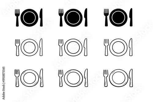Dining Place Setting Icon Set Featuring Fork Plate and Knife in Solid Outline and Hand-Drawn Doodle Styles for Restaurant Menu Design Tableware Cutlery Vector Illustration Graphic Elements