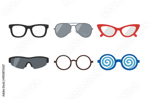 Flat vector glasses set with six retro and modern frame styles including classic wayfarer, aviator sunglasses, red cat-eye, sport shades, round spectacles, and hypnotic blue spiral lens icons.