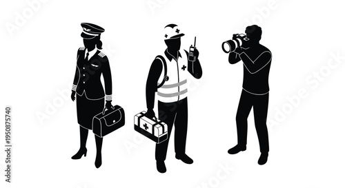 Set of 3 black silhouette icons: pilot, engineer, photographer vector