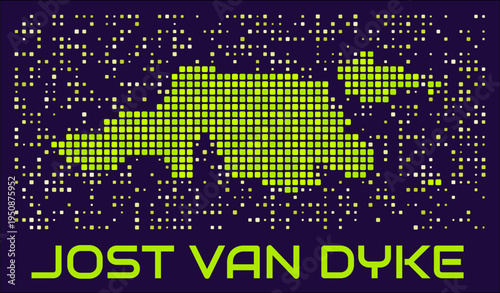 Jost Van Dyke dots map. Virgin Islands (UK). Digital style shape of the island. Jost Van Dyke map and title lime colored square dots with round corners. Modern Vector Illustration.