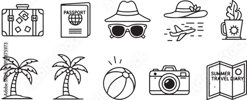 Illustrations of travel essentials and summer vacation items Vector