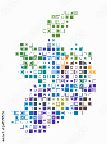 Ireland, shape of the country build of colored cells. Digital style map of the Ireland on white background. Large size square blocks. Modern vector illustration.