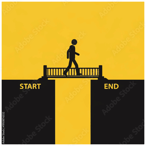 Man Walking on Bridge from Start to End.