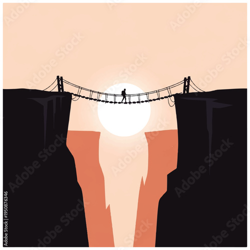 Person Crossing Suspension Bridge Between Cliffs.