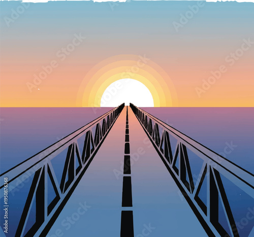 Railway Tracks Leading to Sunset Horizon.