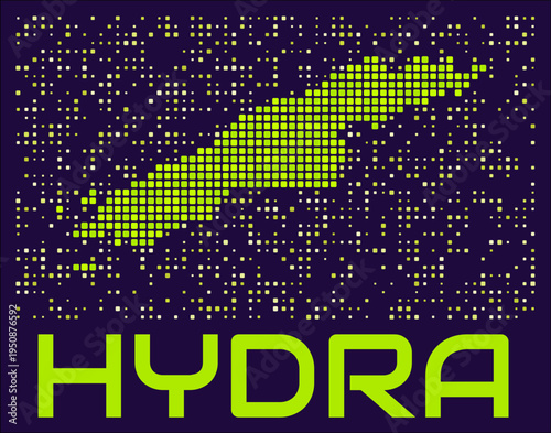 Hydra dots map. Greece. Digital style shape of the island. Hydra map and title lime colored square dots with round corners. Creative Vector Illustration.