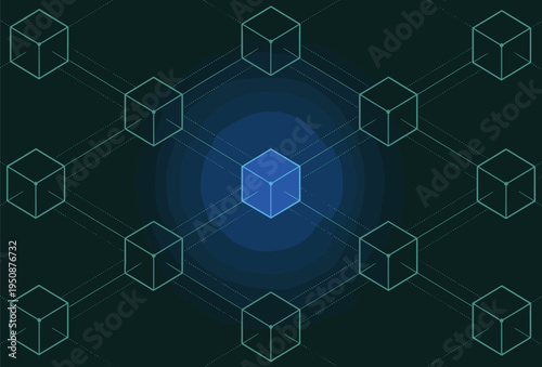 Abstract blockchain network with glowing cube digital technology background. Futuristic cube connection pattern representing decentralized data network system.