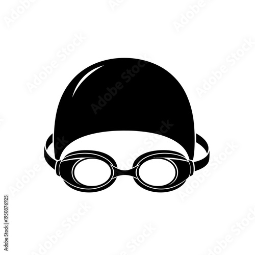 Black swimming cap and goggles on a white background