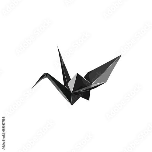 Black origami crane in flight against white background
