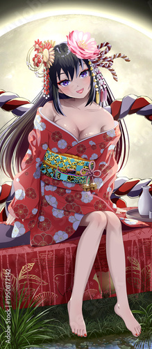 Billede på lærred Anime goddess Oiran sitting on a red bench under a golden full moon, Japanese fantasy style