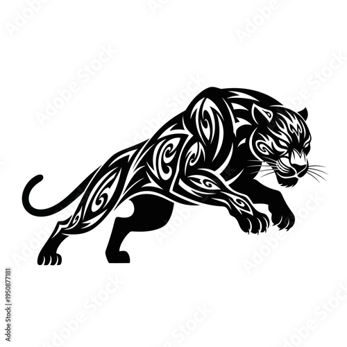 Black panther with tribal patterns in dynamic pose