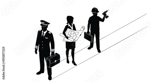Set of 3 black silhouettes of travelers with luggage and map vector