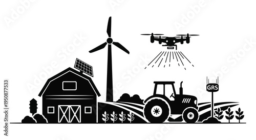 Modern agriculture scene featuring a wind turbine drone and farm elements