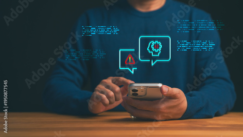 Person using smartphone with AI alert icon for artificial intelligence security risk, digital technology warning, and communication notification on mobile device.