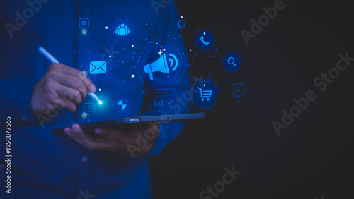 Businessman with tablet uses digital marketing strategies like omni-channel, social media, and e-commerce advertising for business online communication.