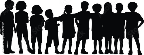 Children friends silhouette group, boys and girls standing together, childhood friendship and teamwork concept, playful kids community people