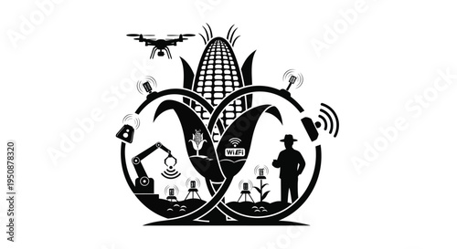 Precision agriculture concept featuring a drone corn and technology symbols
