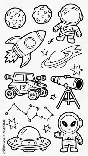 Playful black and white space doodle set with astronaut rocket planets alien telescope rover ufo and constellation icons in outlined hand drawn style for kids stickers classroom prints