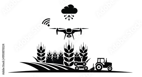 Drone surveying farmland with agricultural machinery and wireless data transmission