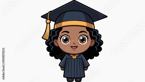 Cute young graduate girl in cap and gown with curly hair smiling in a charming cartoon style isolated on a light background perfect for preschool and kindergarten graduation themes
